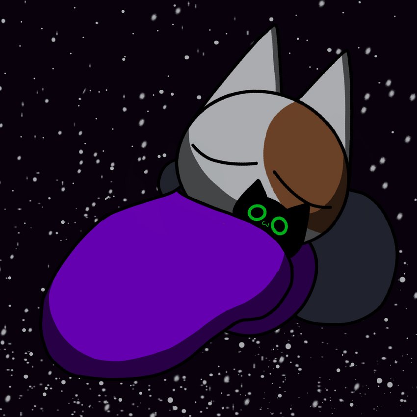 ambiguous_gender bedding blanket eyes_closed furniture plushie purple_blanket silly simple_background sleeping solo space star gooblie_2 calico_cat domestic_cat felid feline felis mammal 1:1 hi_res