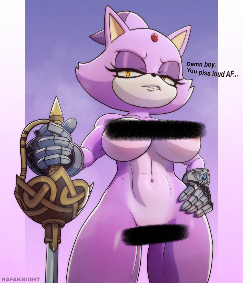 abs anthro big_breasts black_nose breasts censor_bar dialogue female fur half-closed_eyes melee_weapon narrowed_eyes nude purple_body purple_fur solo sword text thick_thighs weapon wide_hips yellow_eyes rafaknight-rk sega sonic_and_the_black_knight sonic_storybook_series sonic_the_hedgehog_(series) blaze_the_cat sir_percival_(sonic_and_the_black_knight) domestic_cat felid feline felis mammal censored english_text hi_res