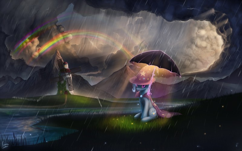 amazing_background blue_body blue_fur cape clothing cloud cutie_mark detailed_background double_rainbow electricity female fence feral fur glowing grass hat headgear headwear landscape lightning looking_at_viewer mountain outside plant purple_eyes rainbow raining river scenery scenery_porn sitting solo umbrella water windmill wizard_hat photonoko friendship_is_magic hasbro my_little_pony trixie_(mlp) equid equine horse mammal pony 16:10 2014 absurd_res detailed digital_media_(artwork) digital_painting_(artwork) hi_res widescreen