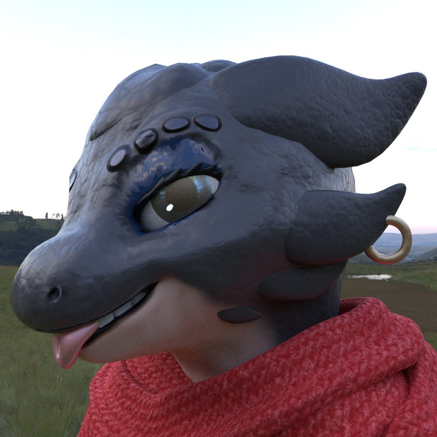 anthro blep blue_eyes ear_piercing ear_ring female grey_body grey_scales piercing red_scarf ring_piercing scales scarf side_view solo tongue tongue_out twoscale shaybecke_(character) kobold scalie 1:1 2018 3d_(artwork) bust_portrait digital_media_(artwork) portrait