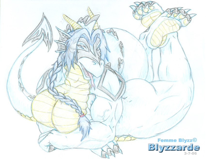 anthro big_breasts blue_hair breasts featureless_breasts female forked_tongue hair multicolored_body multicolored_scales muscular muscular_anthro muscular_female non-mammal_breasts open_mouth ponytail scales solo tongue tongue_out two_tone_body two_tone_scales white_body white_scales yellow_body yellow_scales blyzzarde mythology blyzzarde_(character) dragon mythological_creature mythological_scalie scalie 2006 traditional_media_(artwork)