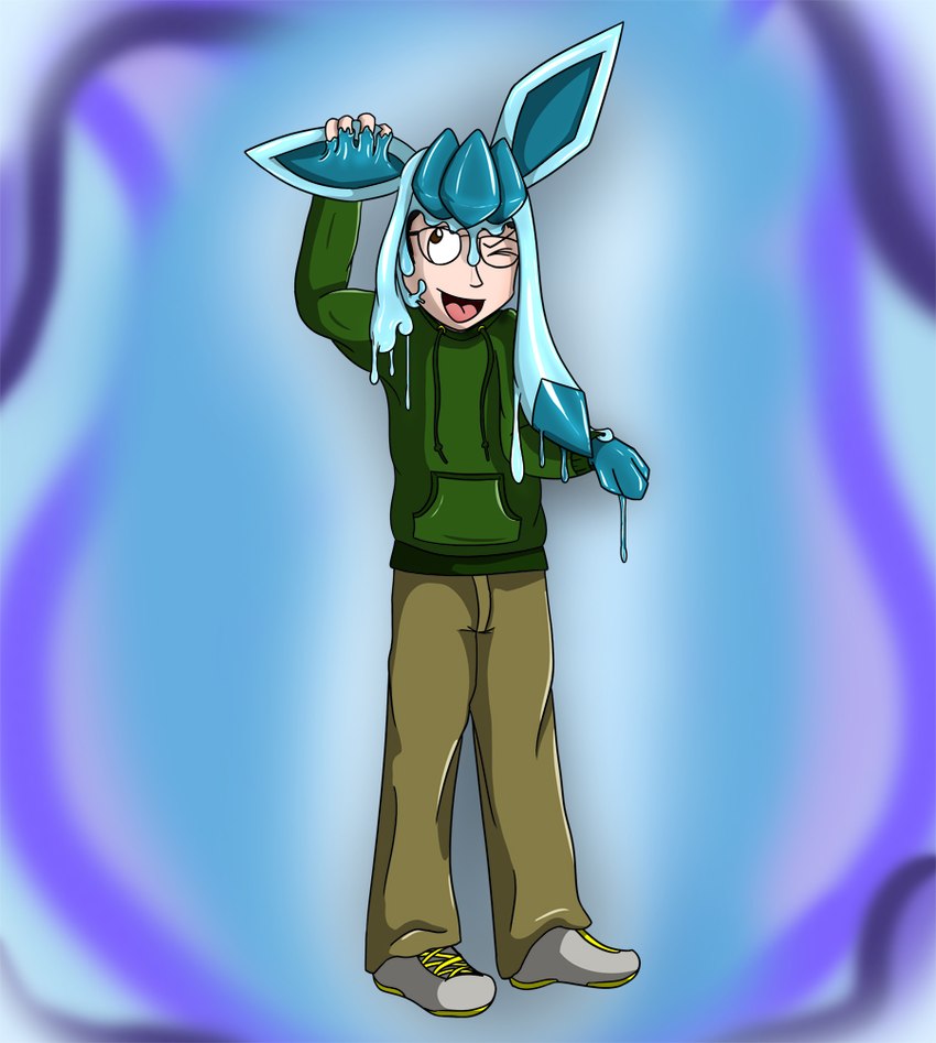 biped bottomwear clothed clothing footwear goo_transformation grabbing_ear hoodie male mid_transformation one_eye_closed open_mouth pants paws shoes solo standing topwear transformation fox0808 nintendo pokemon eeveelution generation_4_pokemon glaceon human mammal pokemon_(species) 2011 colored