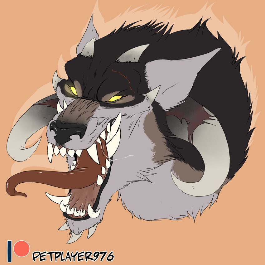 anthro glowing glowing_eyes horn long_tongue male solo tongue yellow_eyes petplayer976 mythology rakan canid canine demon mammal mythological_canine mythological_creature were werecanid werecanine werewolf 1:1 2022 hi_res