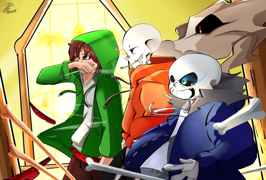 chara, chara, papyrus, papyrus, and sans (undertale (series) and etc) created by peterson drawn