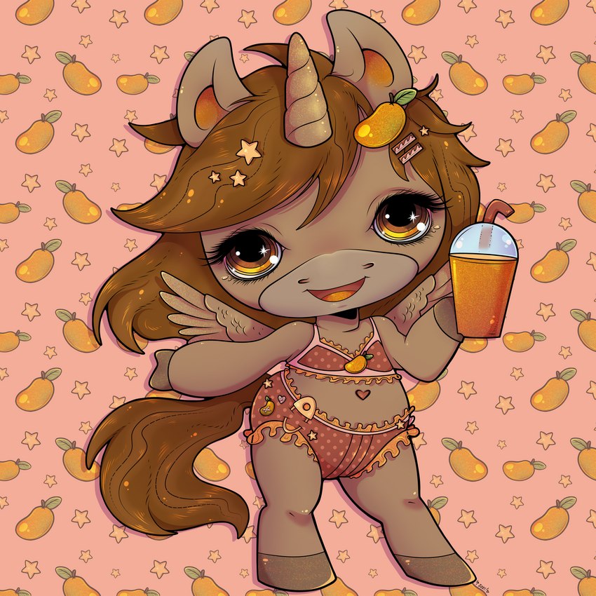 anthro beverage clothing female food fruit horn mango_(fruit) plant smoothie solo swimwear toy wings shon2 mythology poopsie_slime_surprise equid equine mammal mythological_creature mythological_equine winged_unicorn 1:1 hi_res