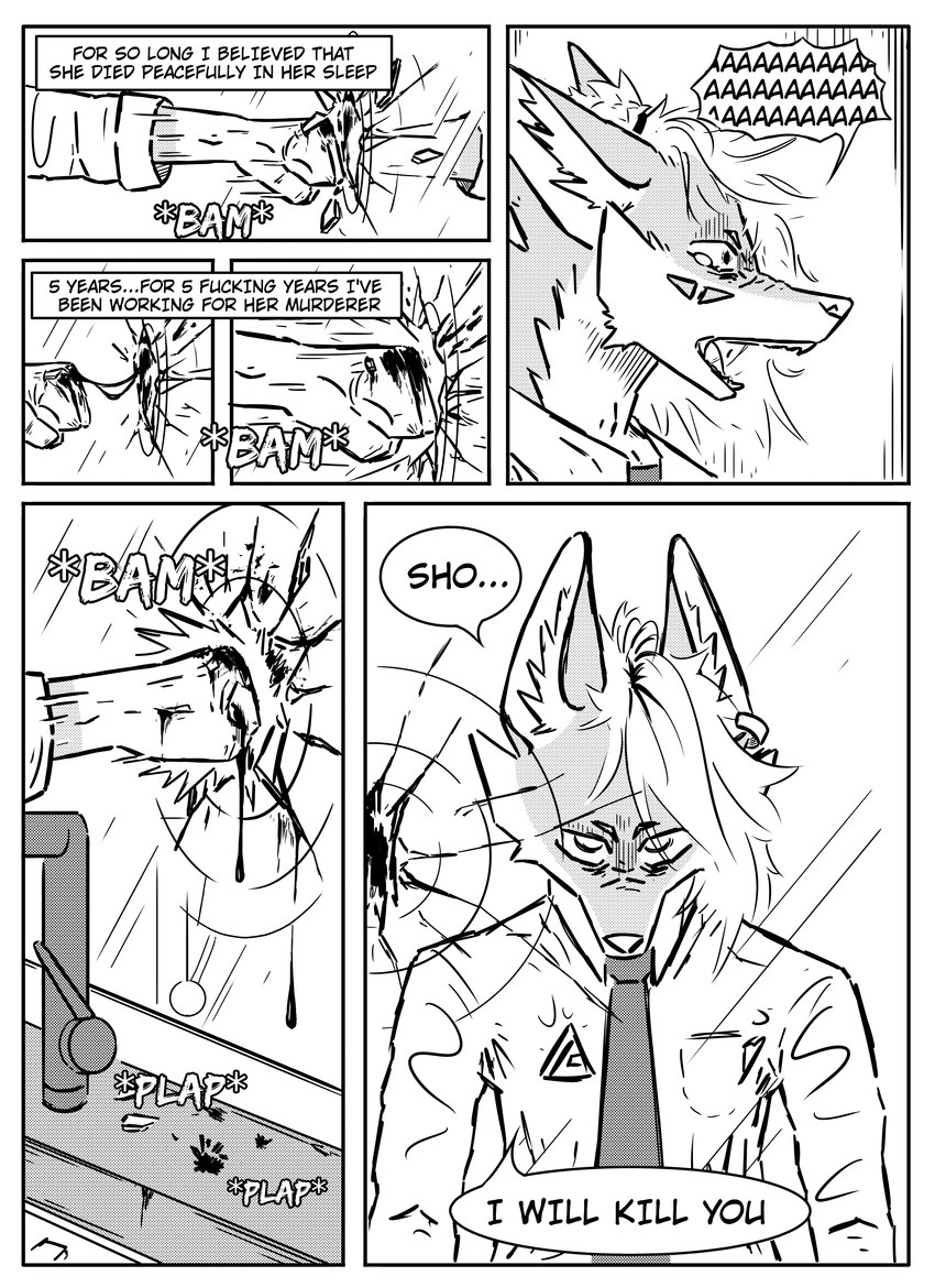 angry anthro clothed clothing ear_piercing faucet inner_ear_fluff male mirror piercing profanity punch screaming simple_background solo sound_effects speech_bubble text tuft kifyun2 kif_yppreah canid canine fox mammal absurd_res black_and_white comic english_text hi_res monochrome