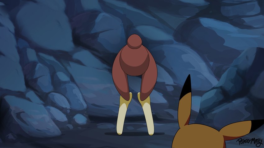 black_body black_fur brown_body brown_fur cave duo featureless_crotch female feral fur rear_view rock stuck through_wall yellow_body yellow_fur potateymatey nintendo pokemon generation_1_pokemon generation_4_pokemon lagomorph lopunny mammal pikachu pokemon_(species) rodent hi_res