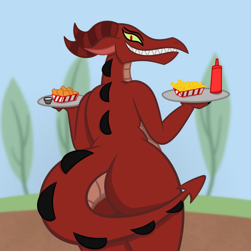 big_butt butt chicken_wings detailed_background female food fries looking_at_viewer outside plant plate red_body solo tail tree sharkinwaves dc_comics dc_super_hero_girls mythology ember_(dc) dragon mythological_creature mythological_scalie scalie 1:1 hi_res