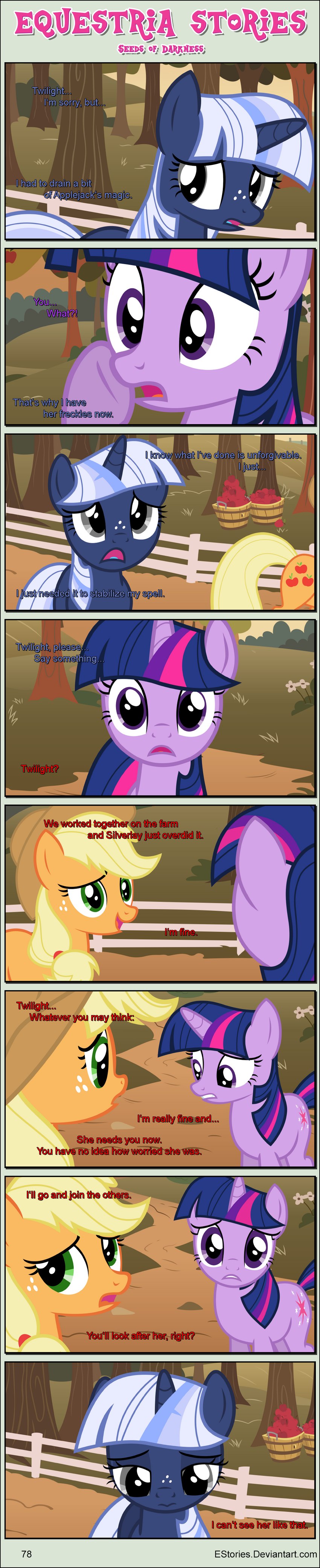 apple bangs barrel black_border border dialogue ears_up farm female fence feral flower food freckles fruit group head_down horn plant sad sunset sweet_apple_acres text trio white_fence white_freckles wide_eyed wooden_barrel estories friendship_is_magic hasbro my_little_pony mythology applejack_(mlp) silverlay_(estories) twilight_sparkle_(mlp) earth_pony equid equine horse mammal mythological_creature mythological_equine pony unicorn absurd_res english_text hi_res long_image tall_image url