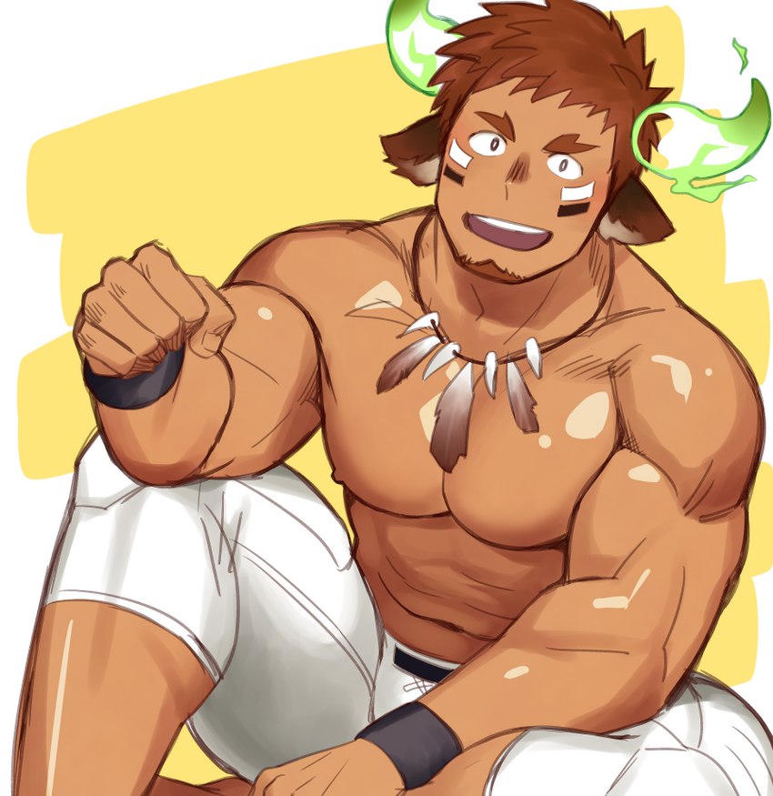 bottomwear brown_hair clothed clothing eye_black facial_hair fist goatee hair horn looking_at_viewer male muscular muscular_humanoid muscular_male nipples open_mouth pants pecs sitting solo teeth topless white_bottomwear white_clothing white_pants wristband mentaiko lifewonders tokyo_afterschool_summoners wakan_tanka_(tas) animal_humanoid bovid bovid_humanoid humanoid mammal mammal_humanoid