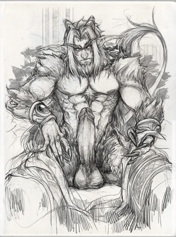 athletic athletic_male balls big_penis bracelet claws clothing erection fur genitals glowing glowing_eyes huge_penis humanoid_pointy_ears jewelry looking_at_viewer male nipples penis pointy_ears pubes sitting solo undressing nozdraws blizzard_entertainment warcraft akarash satyr 2013 hi_res