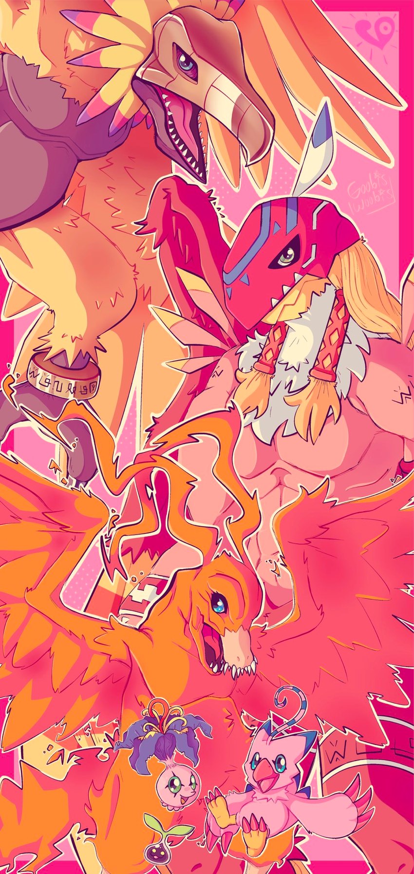 ambiguous_gender anthro armor beak evolutionary_family feathers feral flying group headgear helmet muscular pecs pink_body pink_feathers wings yellow_body yellow_feathers goobiswoobis bandai_namco digimon avian bird birdramon biyomon digimon_(species) garudamon hououmon hi_res