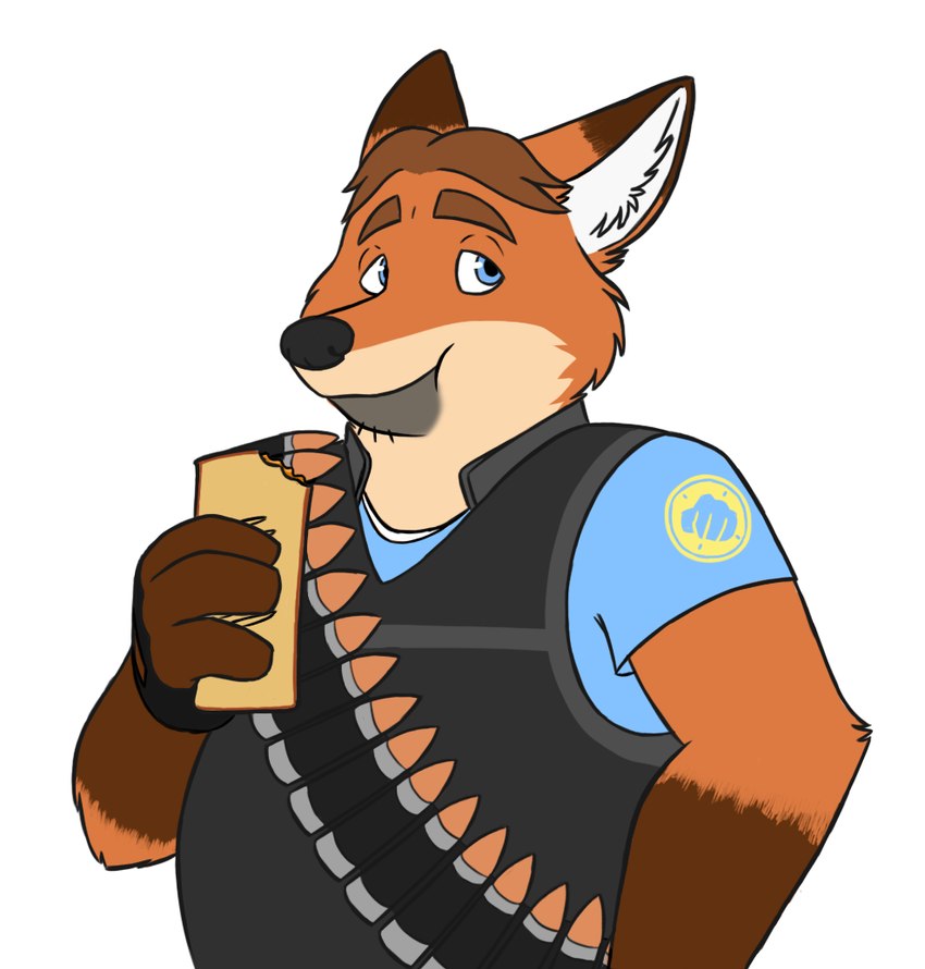 anthro blue_eyes clothing cosplay eating food male orange_body overweight overweight_male shirt simple_background solo topwear white_background skunkbutt_(artist) disney team_fortress_2 valve zootopia gideon_grey heavy_(team_fortress_2) canid canine fox mammal 2018