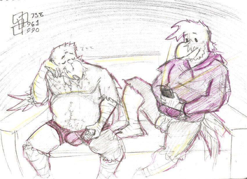 age_difference anthro balls beak beak_scar belly bodily_fluids bottomless bottomless_male cellphone clothed clothing controller dot_eyes duo electronics eyes_closed feather_beard feather_hair feathers flaccid furniture genitals hand_on_face holding_controller holding_object holding_remote_control hoodie male male/male musclegut muscular older_male penis phone pseudo_hair remote_control saliva saliva_string simple_background sleeping slightly_chubby slightly_chubby_male smartphone sofa sound_effects topwear underwear underwear_only vowelless vowelless_sound_effect younger_male zzz cerdeorhys gonzalo_(cerdeorhys) hernan_(cerdeorhys) avian bird corvid corvus_(genus) oscine passerine raven colored_sketch hi_res sketch traditional_media_(artwork) father_(lore) father_and_child_(lore) father_and_son_(lore) incest_(lore) parent_(lore) parent_and_child_(lore) parent_and_son_(lore) son_(lore)