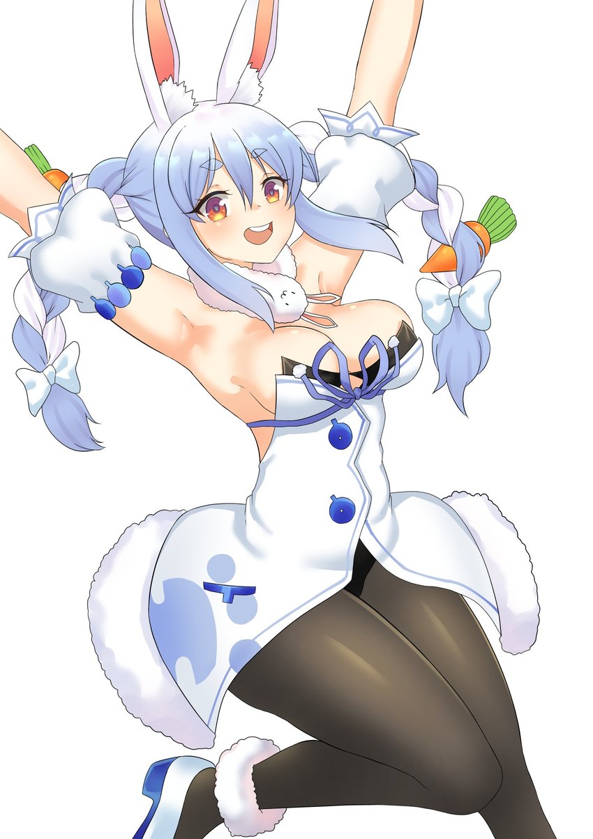 accessory big_breasts big_butt blue_hair bow_ribbon breasts butt carrot cleavage clothed clothing female food hair hair_accessory hair_bow hair_ribbon heart_eyes heart_symbol open_mouth orange_eyes pigtails plant ribbons side_boob simple_background smile solo teeth thick_thighs vegetable puffywaffles hololive vtuber usada_pekora animal_humanoid humanoid lagomorph lagomorph_humanoid leporid_humanoid mammal mammal_humanoid rabbit_humanoid hi_res