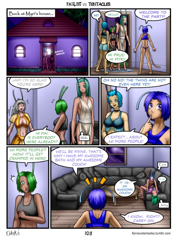 antennae_(anatomy) big_breasts blue_eyes blue_hair bottomwear breasts building clothed clothing collar crop_top dialogue door facial_markings fantasy female furniture green_eyes green_hair grey_hair group hair head_markings house markings midriff miniskirt navel not_furry shirt skirt sofa speech_bubble text topless topwear underwear white_hair window bobbydando fairies_vs_tentacles ezoa_(fvt) fia_(fvt) jam_(fvt) jenny_(fvt) melia_(fvt) myri_(fvt) prue_(fvt) fairy humanoid 3:4 colored comic english_text hi_res url