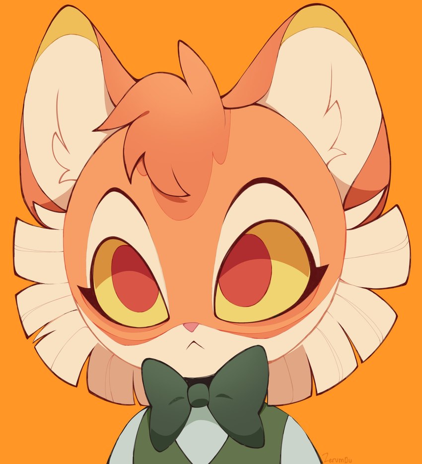 :< anthro bow_tie close-up daww facial_tuft fluffy frown fur green_bow_tie head_tuft male orange_background orange_body orange_fur pink_nose simple_background solo tuft yellow_eyes zerum0u lackadaisy calvin_mcmurray domestic_cat felid feline felis mammal 2023 absurd_res digital_drawing_(artwork) digital_media_(artwork) hi_res