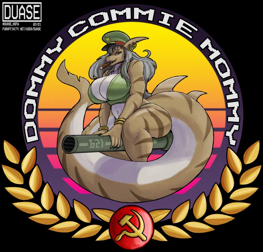 anthro big_breasts breasts cannon cigar cleavage clothed clothing communism female grey_hair hair hammer_and_sickle mature_female non-mammal_breasts politics ranged_weapon sitting solo weapon duase thicctator_(duase) fish marine shark alpha_channel hi_res