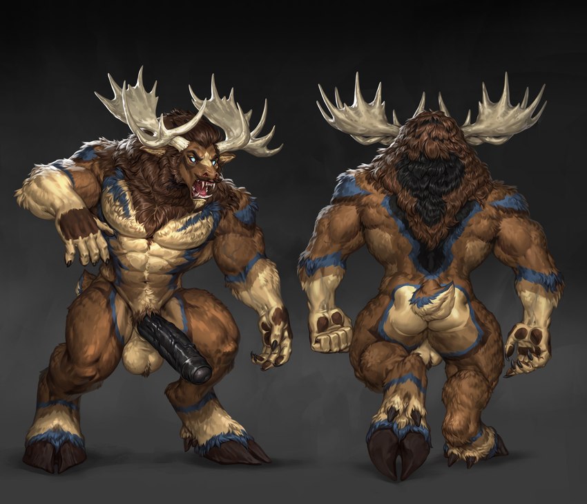 abs anthro antlers balls fur genitals horn male muscular muscular_anthro muscular_male pawpads pecs penis scut_tail short_tail tail vein veiny_penis levelviolet diffuse_moose deer mammal moose new_world_deer hi_res