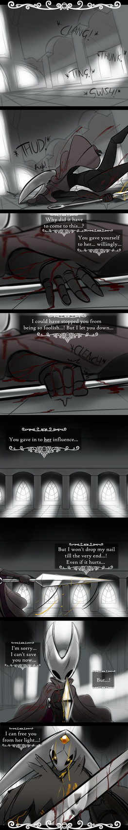 2_horns 5_fingers apologetic apology battle belly black_body black_eyes black_legs black_text blood blood_drip blood_from_eye blood_on_body blood_on_clothing blood_on_floor blood_on_hand blood_on_sword blood_on_weapon bodily_fluids brown_cloak brown_clothing castle clanging clenching cloak close-up clothed clothing colored_blood dialogue dripping duo ellipsis exclamation_point falling female fight fingers fist floor forehead_gem front_view gem gesture glass glistening glistening_melee_weapon glistening_sword glistening_weapon glowing glowing_eyes hand_gesture holding_melee_weapon holding_object holding_sword holding_weapon horn inside lying male melee_weapon motion_lines nail_(weapon) on_back on_ground orange_blood orange_eyes orange_gem pillar pointing pointing_at_another red_cloak red_clothing reflection sound_effects standing swish_(sound_effect) sword text thud thunk_(sound_effect) tile tile_floor unusual_blood unusual_bodily_fluids weapon white_text window wounded latiar hollow_knight_(franchise) team_cherry harrold_(latiar) hornet_(hollow_knight) arthropod infected_(species) 2020 absurd_res comic digital_media_(artwork) english_text hi_res long_image tall_image