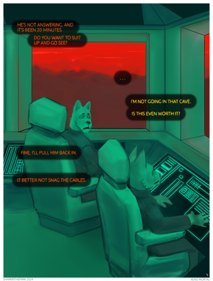 alien_planet anthro atmosphere atmospheric_perspective border chair clothing computer dialogue duo electronics eyebrows furniture horror_(theme) interface male red_sky screen sky spacecraft suit text thick_eyebrows vehicle white_border window worried worried_face worried_for_other worried_look sharkinthepark canid canine canis mammal wolf 2024 absurd_res comic english_text hi_res