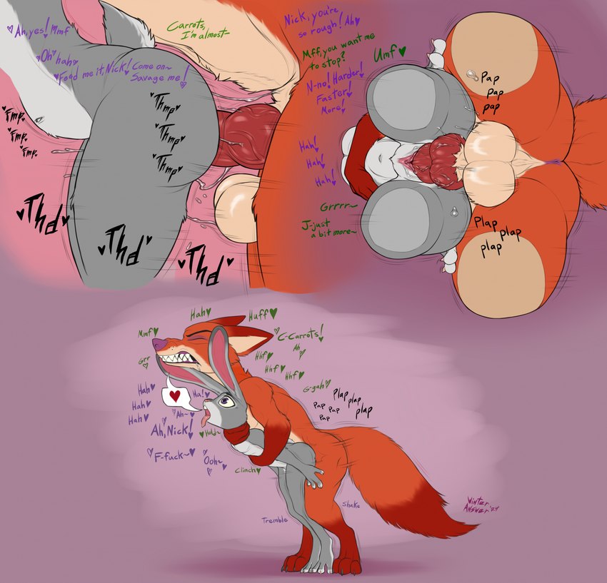 3_toes 4_fingers abdominal_bulge abstract_background animal_genitalia animal_penis anthro anthro_on_anthro anthro_penetrated anthro_penetrating anthro_penetrating_anthro anus asphyxiation balls begging_for_more bent_over big_balls big_penis biped bodily_fluids breath_play canine_genitalia canine_penis choking clenched_teeth countershade_crotch countershade_face countershade_feet countershade_hands countershade_neck countershade_tail countershade_torso countershading dialogue dipstick_ears dipstick_tail dirty_talk drooling duo ear_markings erection feet female female_penetrated fingers fluffy fluffy_tail from_behind_position fucked_silly fur genital_fluids genitals gloves_(marking) grey_body grey_countershading grey_fur hand_around_neck heart_symbol hindpaw humanoid_hands interspecies knot leg_markings legs_together low-angle_view male male/female male_penetrating male_penetrating_female markings multicolored_ears multiple_angles nude nude_anthro nude_female nude_male onomatopoeia open_mouth orange_body orange_fur paws penetration penile penile_penetration penis penis_in_pussy pink_inner_ear pink_nose pink_tongue plap_(sound) predator/prey purple_eyes red_body red_fur red_markings red_penis rough_sex saliva sex sex_shot side_view size_difference smaller_female smaller_penetrated socks_(marking) sound_effects standing standing_sex tail tail_markings tan_body tan_countershading tan_fur teeth text toes tongue tongue_out torso_grab vaginal vaginal_fluids vaginal_penetration winteranswer disney zootopia judy_hopps nick_wilde canid canine european_rabbit fox lagomorph leporid mammal oryctolagus rabbit red_fox true_fox 2024 english_text hi_res