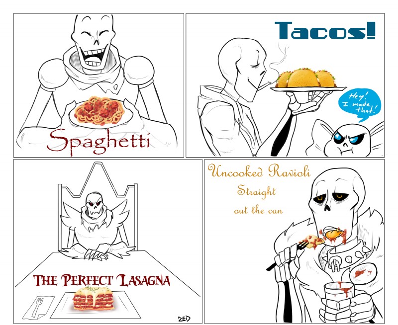 alternate_universe bone cigarette clothing collar dialogue duo food lasagna not_furry pasta ravioli skeleton smile smoking spaghetti taco text underfell underswap undertale undertale_(series) papyrus_(underfell) papyrus_(underswap) papyrus_(undertale) sans_(underswap) sans_(undertale) animated_skeleton humanoid undead absurd_res english_text hi_res