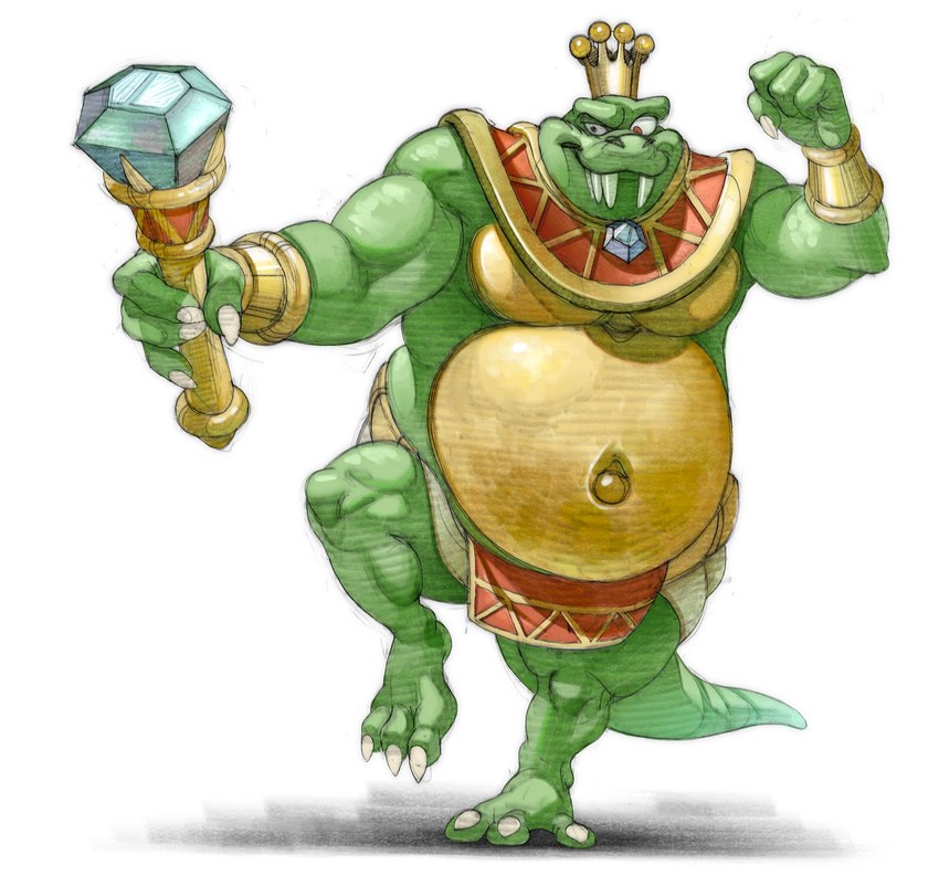 anthro belly big_belly claws fangs gem gold_(metal) green_body green_scales jewelry male navel overweight rod scales sharp_teeth solo teeth cookie_game0 donkey_kong_(series) nintendo king_k._rool crocodilian kremling reptile scalie hi_res