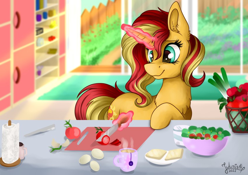 beverage blonde_hair blue_eyes container cup cutie_mark female feral food_prep fur hair horn kitchen knife levitation magic multicolored_hair red_hair solo tea two_tone_hair two_tone_tail yellow_body yellow_fur julunis14 equestria_girls hasbro my_little_pony mythology sunset_shimmer_(eg) equid equine mammal mythological_creature mythological_equine unicorn absurd_res hi_res