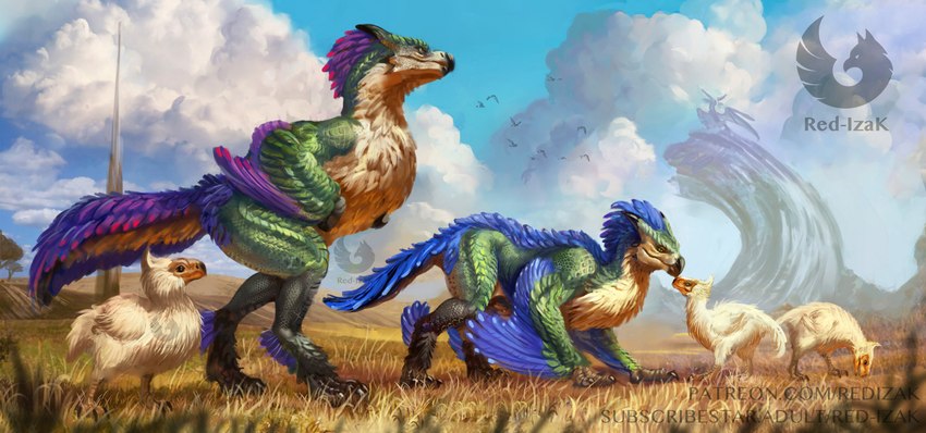 all_fours ambiguous_gender biped blue_body blue_feathers claws cloud day digitigrade feathered_wings feathers feral finger_claws grass green_body green_feathers green_scales group outside plant purple_body purple_feathers scales scuted_legs scutes sky standing tail text toe_claws winged_arms wings yellow_body yellow_feathers young young_feral red-izak capcom monster_hunter ambient_bird avian scalie seikret hi_res shaded url watermark