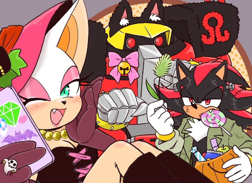 anthro candy clothing dessert female food gloves green_eyes group handwear holidays machine male red_eyes simple_background trio yotsumeddd halloween sega sonic_the_hedgehog_(series) e-123_omega rouge_the_bat shadow_the_hedgehog bat eulipotyphlan hedgehog mammal robot