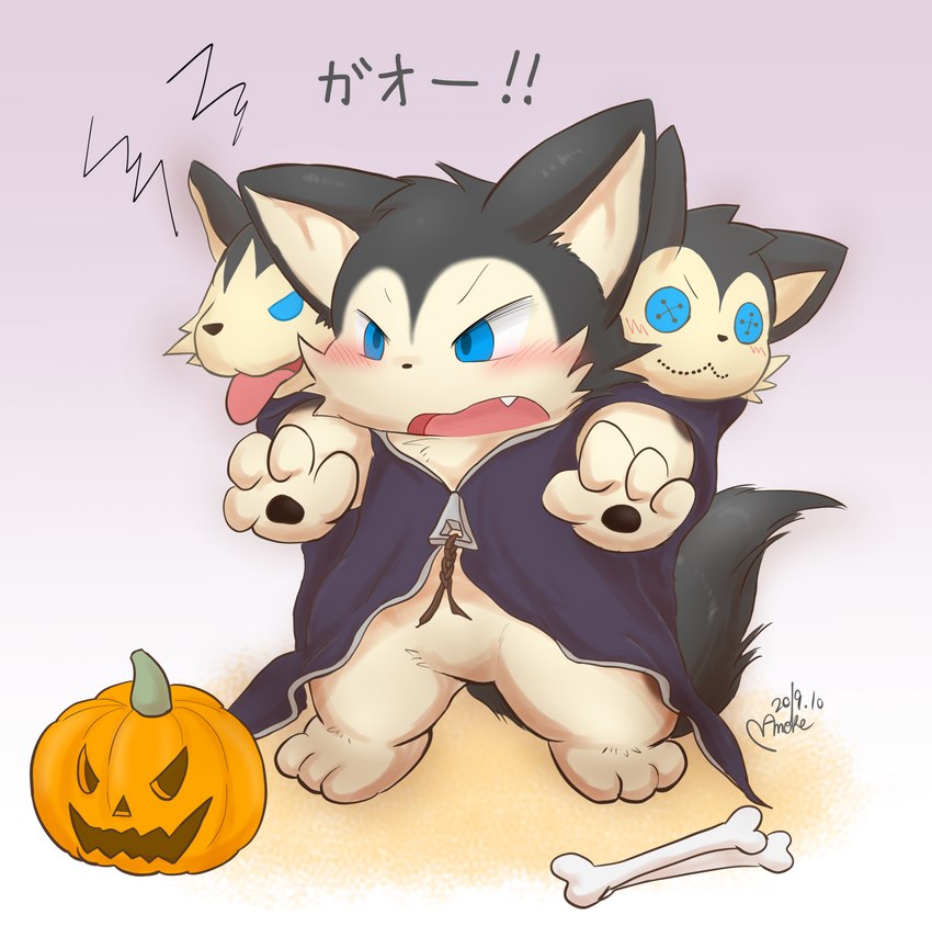 anthro blue_eyes fur holidays jack-o'-lantern male multi_head solo tail text young namoke european_mythology greek_mythology halloween mythology fan_character lux_(namoke) canid canid_demon canine canis cerberus demon domestic_dog hellhound mammal mythological_canine mythological_creature digital_drawing_(artwork) digital_media_(artwork) digital_painting_(artwork) hi_res japanese_text painting_(artwork) translated