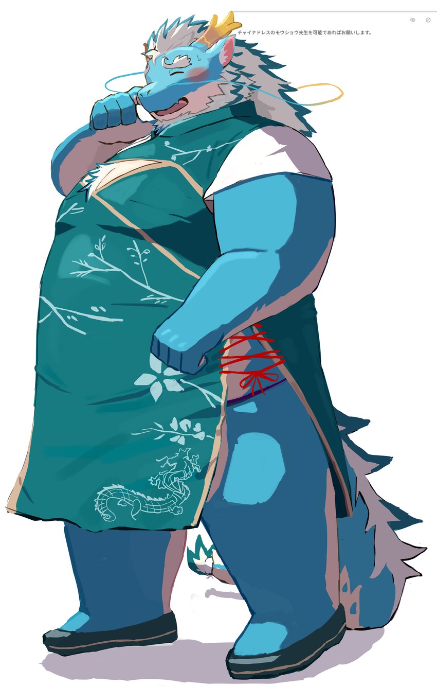 age_difference anthro antlers asian_clothing belly blue_hair blush chest_tuft chinese_clothing chinese_dress clothed clothing crossdressing dress east_asian_clothing eyes_closed hair horn long_hair male moobs older_male slightly_chubby slightly_chubby_male solo tail tail_hair tuft whiskers white_hair 9dtq0 lifewonders mythology tokyo_afterschool_summoners qinglong_(tas) dragon eastern_dragon mythological_creature mythological_scalie scalie 2024 absurd_res hi_res