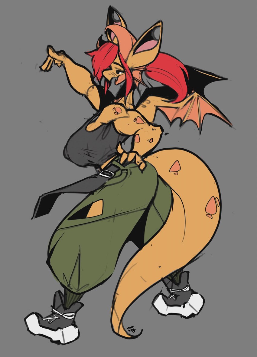 anthro breasts butt butt_pose clothed clothing ear_piercing female flesh_tunnel gauged_ear hair horn membrane_(anatomy) piercing pose red_hair simple_background solo tail topwear wings yellow_body awr_hey mythology zoe_(awr_hey) dragon mammal mythological_creature mythological_scalie scalie digital_drawing_(artwork) digital_media_(artwork) hi_res