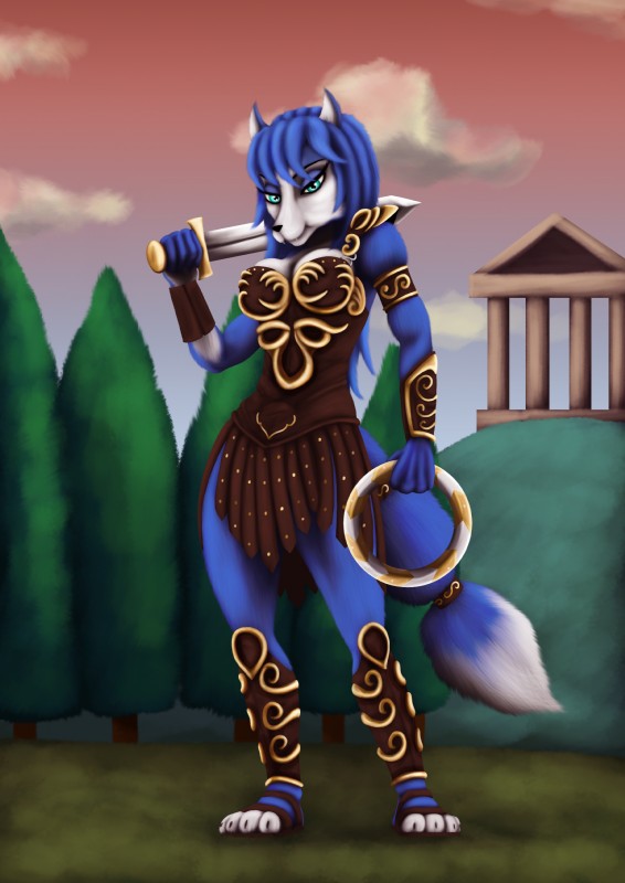 anthro armband armor black_nose bracers breasts chakram female fur gold_(metal) greek green_eyes hair leather leather_armor melee_weapon outside shoulder_pads solo sword weapon white_body white_fur astraldog nintendo star_fox xena_warrior_princess krystal_(star_fox) xena canid canine fox mammal 2017 absurd_res hi_res