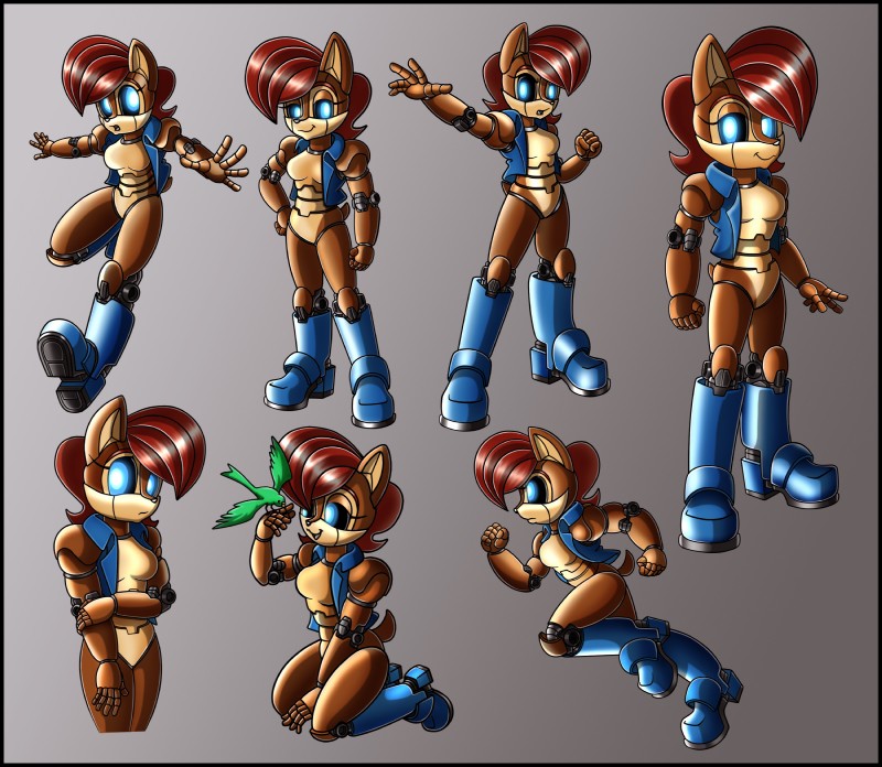 anthro black_border blue_eyes border breasts brown_body clothed clothing eyebrows eyelashes feathers female feral green_body green_feathers grey_background machine mostly_nude multicolored_body multiple_poses pose simple_background solo tan_body zeiram0034 archie_comics sega sonic_the_hedgehog_(archie) sonic_the_hedgehog_(comics) sonic_the_hedgehog_(series) mecha_sally sally_acorn avian bird chipmunk ground_squirrel mammal robot rodent sciurid absurd_res hi_res