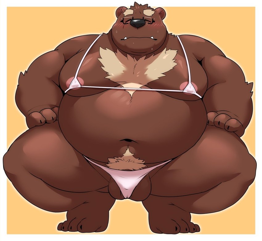 anthro ball_slip balls belly big_belly bikini black_nose bulge clothing eyes_closed eyewear genitals glasses kemono male mature_male micro_bikini moobs navel nipples overweight overweight_male simple_background solo swimwear two-piece_swimsuit 12beat13 bear mammal 2024