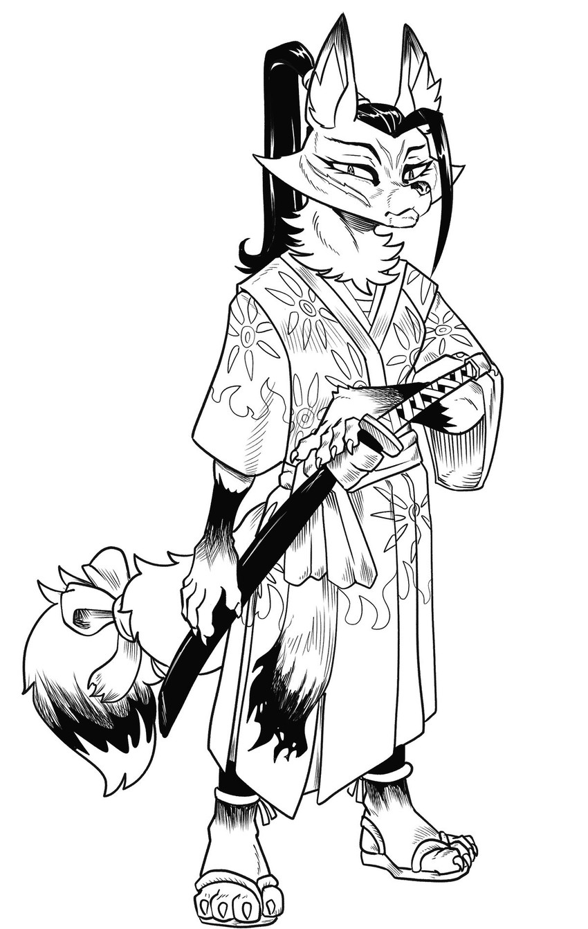 4_toes 5_fingers accessory anthro asian_clothing biped breasts cheek_tuft claws clothed clothed_anthro clothed_female clothing dipstick_ears dipstick_tail ear_markings east_asian_clothing eyebrows eyelashes facial_tuft feet female female_anthro finger_claws fingers fluffy footwear front_view fully_clothed fully_clothed_anthro fully_clothed_female fur fur_tuft furgonomics gloves_(marking) hair humanoid_hands inner_ear_fluff iris japanese japanese_clothing katana kimono leg_markings looking_at_viewer markings melee_weapon mouth_closed multicolored_ears narrowed_eyes neck_tuft pattern_clothing pattern_kimono plantigrade ponytail pupils ribbons robe samurai sandals scabbard shoes simple_background slit_pupils snout socks_(marking) solo sword tail tail_accessory tail_markings tail_ribbon tied_hair toe_claws toes tuft warrior weapon daigaijin canid canine fox mammal 2025 black_and_white hi_res monochrome