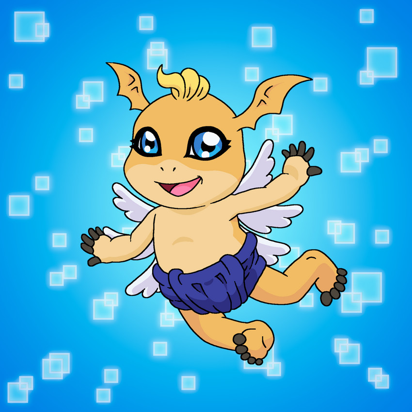 ambiguous_gender anthro bat_wings blonde_hair blue_eyes evolution evolution_(transformation) eyelashes feathered_wings feathers feet fingers hair head_wings membrane_(anatomy) membranous_wings orange_body smile solo toes transformation unusual_wing_placement wings charlesdoodles bandai_namco digimon angel angemon digimon_(species) patamon 1:1 hi_res