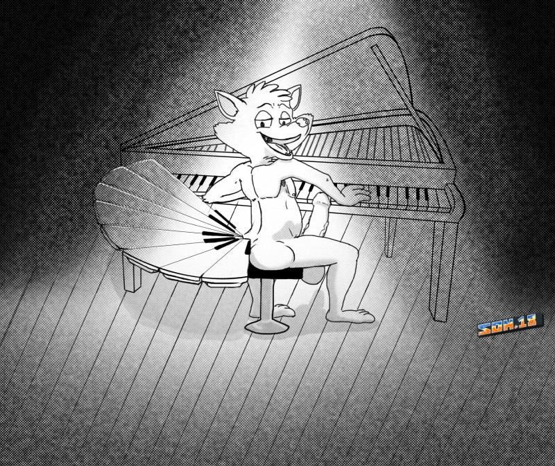 3_fingers 3_toes 8_tails anthro balls big_balls big_penis biped butt feet fingers genitals half-closed_eyes halftone humanoid_genitalia humanoid_penis keyboard_instrument male multi_tail musical_instrument narrowed_eyes nude open_mouth open_smile penis piano playing_music playing_piano sitting smile solo spotlight tail toes s-o-husky grimm's_fairy_tale_classics the_wedding_of_mrs._fox_(gftc) piano_fox_(gftc) canid canine fox mammal greyscale hi_res monochrome