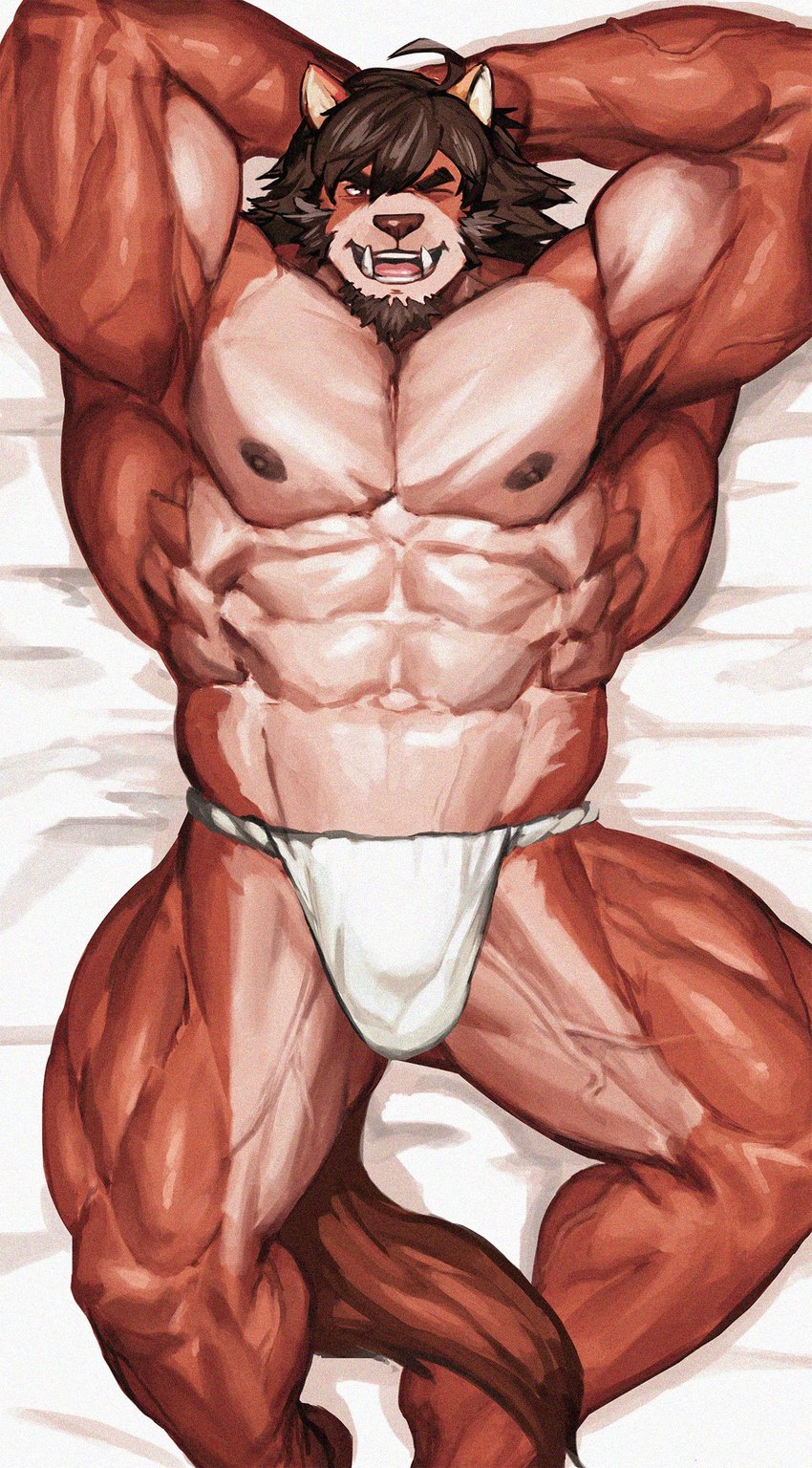 anthro asian_clothing barazoku barefoot beard bed big_muscles brown_body brown_fur brown_hair brown_nipples brown_nose clothed clothing east_asian_clothing eyebrows facial_hair feet fundoshi fundoshi_only fur furniture hair hands_behind_head japanese_clothing looking_at_viewer lying male muscular muscular_anthro muscular_male nipples on_back on_bed one_eye_closed solo thick_eyebrows topless underwear underwear_only vein veiny_muscles wink traver009 canid canine canis mammal wolf 2023 hi_res