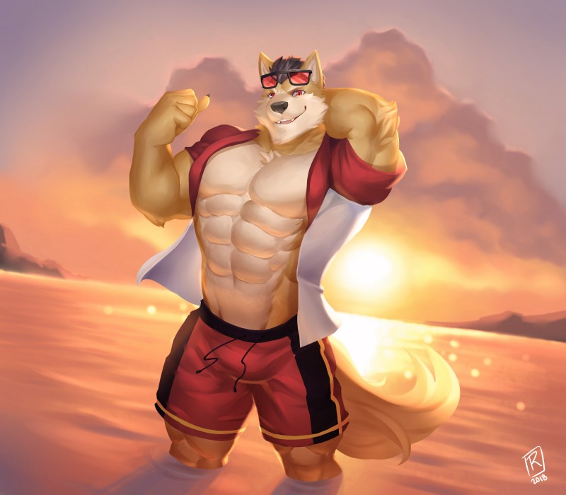 abs anthro beach biceps black_hair clothed clothing detailed_background evening eyewear eyewear_on_head flexing fur hair logo male muscular muscular_anthro muscular_male open_clothing open_shirt open_topwear outside partially_submerged pecs red_clothing red_eyes red_lens red_sleeves red_swimming_trunks red_swimwear seaside shirt sky solo summer sunglasses sunglasses_on_head sunset swimming_trunks swimwear topwear water white_clothing white_shirt white_topwear yellow_body yellow_fur raytig12 zale_gallagher canid canine canis domestic_dog mammal 2018 absurd_res artist_logo dated digital_media_(artwork) hi_res