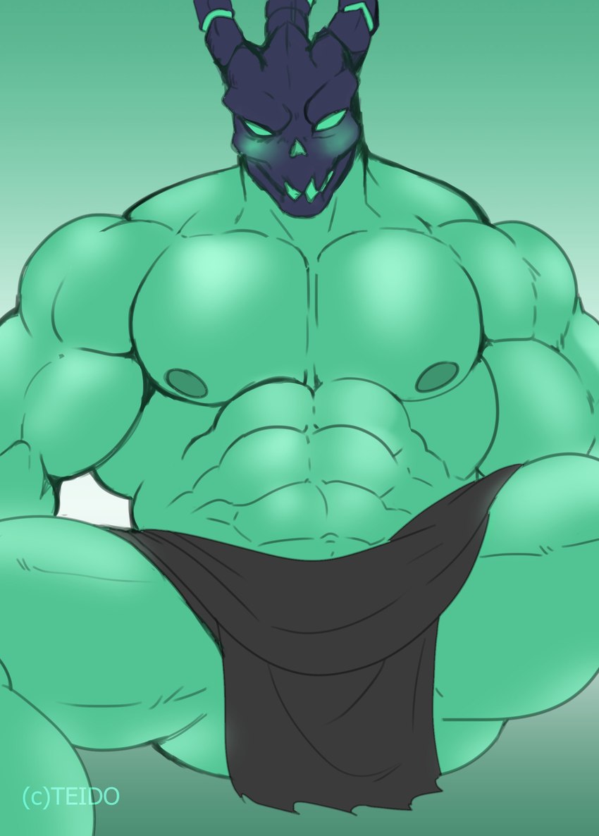 abs anthro big_biceps big_deltoids big_muscles big_pecs black_mask blush bottomwear brown_bottomwear brown_clothing clothed clothing deltoids front_view gradient_background green_background green_body green_nipples grin huge_muscles huge_pecs light loincloth male manly mask muscular muscular_anthro muscular_arms muscular_male navel nipples not_furry obliques pecs quads serratus simple_background sitting skimpy smile smiling_at_viewer solo spread_legs spreading suggestive suggestive_pose thick_neck topless heyimteedo league_of_legends riot_games tencent thresh ghost spirit 2021 absurd_res colored digital_drawing_(artwork) digital_media_(artwork) green_theme hi_res portrait three-quarter_portrait