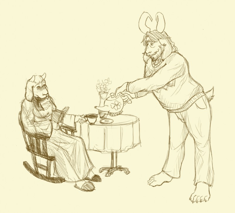 anthro barefoot beard chair clothing container cup delta_rune_(emblem) duo eyewear facial_hair feet female flower footwear furniture glasses horn long_ears male mature_anthro mature_female mature_male plant shoes simple_background slippers symbol table tea_cup teapot rawrrarr undertale undertale_(series) asgore_dreemurr toriel boss_monster_(undertale) bovid caprine mammal hi_res