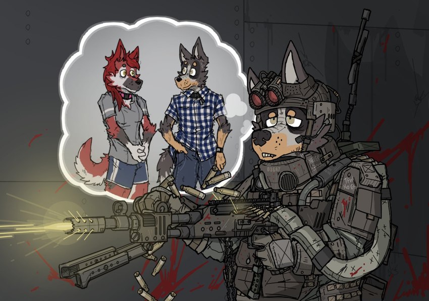 anthro armor blood bodily_fluids duo female gun headgear helmet machine_gun male military ranged_weapon shooting thought_bubble weapon ricthecusco brazilian_dawg_(ricthecusco) canid canine mammal