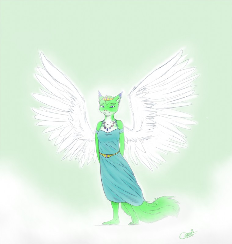 anthro biped blue_eyes clothing crown dress feathered_wings feathers female gem gold_(metal) headgear jewelry long_tail looking_at_viewer necklace pose princess royalty ruby_(gem) sapphire_(gem) smile solo standing tail tiara wings oonami novasquirrel mammal rodent sciurid tree_squirrel 2012 sketch