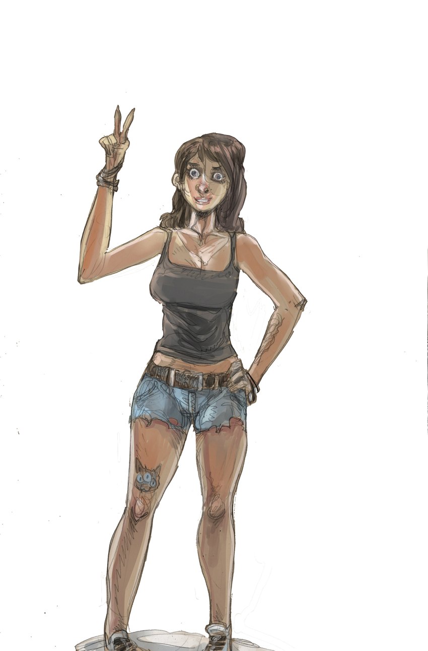 before bottomwear breasts brown_hair clothing female gesture hair hand_gesture happy hotpants imminent_transformation midriff shirt shorts smile solo standing sudden tank_top tattoo topwear transformation v_sign mamabliss human mammal absurd_res hi_res