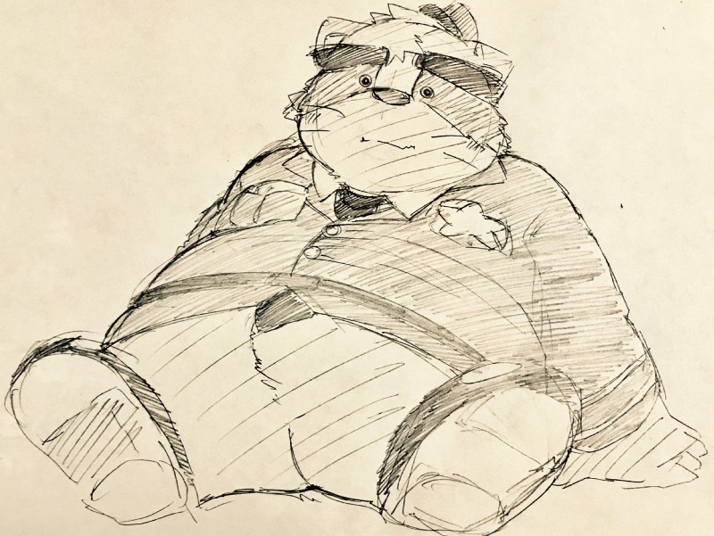 anthro barazoku clothed clothing front_view hat headgear headwear male overweight overweight_anthro overweight_male police solo kogiinu alice_detective_bureau inspector_arai mammal procyonid raccoon 2018 full-length_portrait graphite_(artwork) hi_res portrait traditional_media_(artwork)