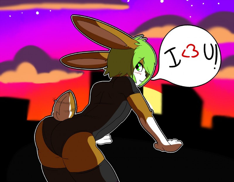 anthro blush butt city cityscape clothing green_eyes green_hair hair heart_symbol legwear looking_back male solo stockings tail tail_motion tailwag munkeesgomu lotte_(munkeesgomu) lagomorph leporid mammal rabbit 2013