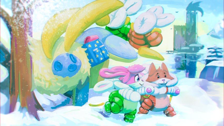 ambiguous_gender anthro clean_diaper clothed clothing countershading diaper diaper_under_clothing fur group long_ears multicolored_body multicolored_fur orange_body orange_fur outside pink_body pink_fur pink_nose plant smile snow snowsuit tree wearing_diaper white_body white_fur sexotheque nintendo the_legend_of_zelda tunic_(video_game) link_(rabbit_form) ruin_seeker canid canine fox lagomorph leporid mammal monster rabbit 16:9 2022 4k absurd_res digital_media_(artwork) digital_painting_(artwork) hi_res widescreen